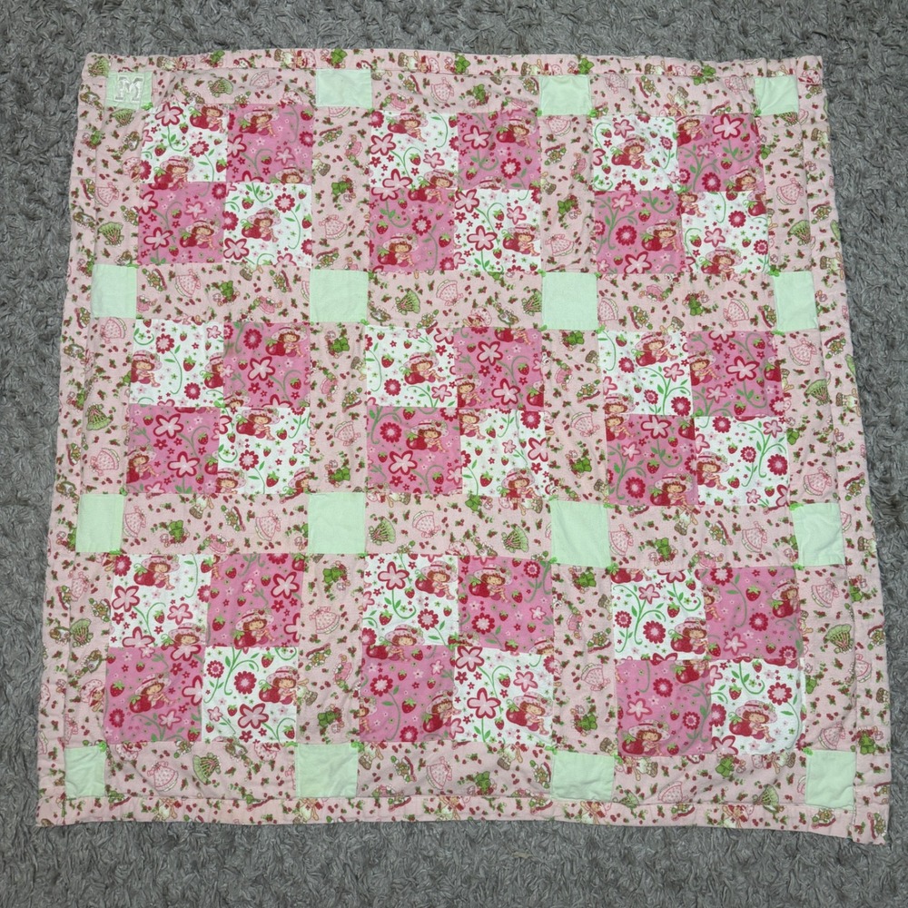 Vintage Strawberry Shortcake Patchwork Quilt Pink Green Handmade 45" x 45"